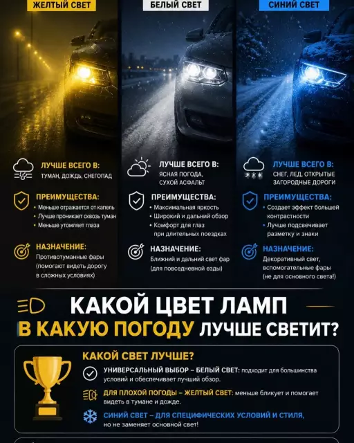 Какой цвет авто-ламп в какую погоду лучше светит?